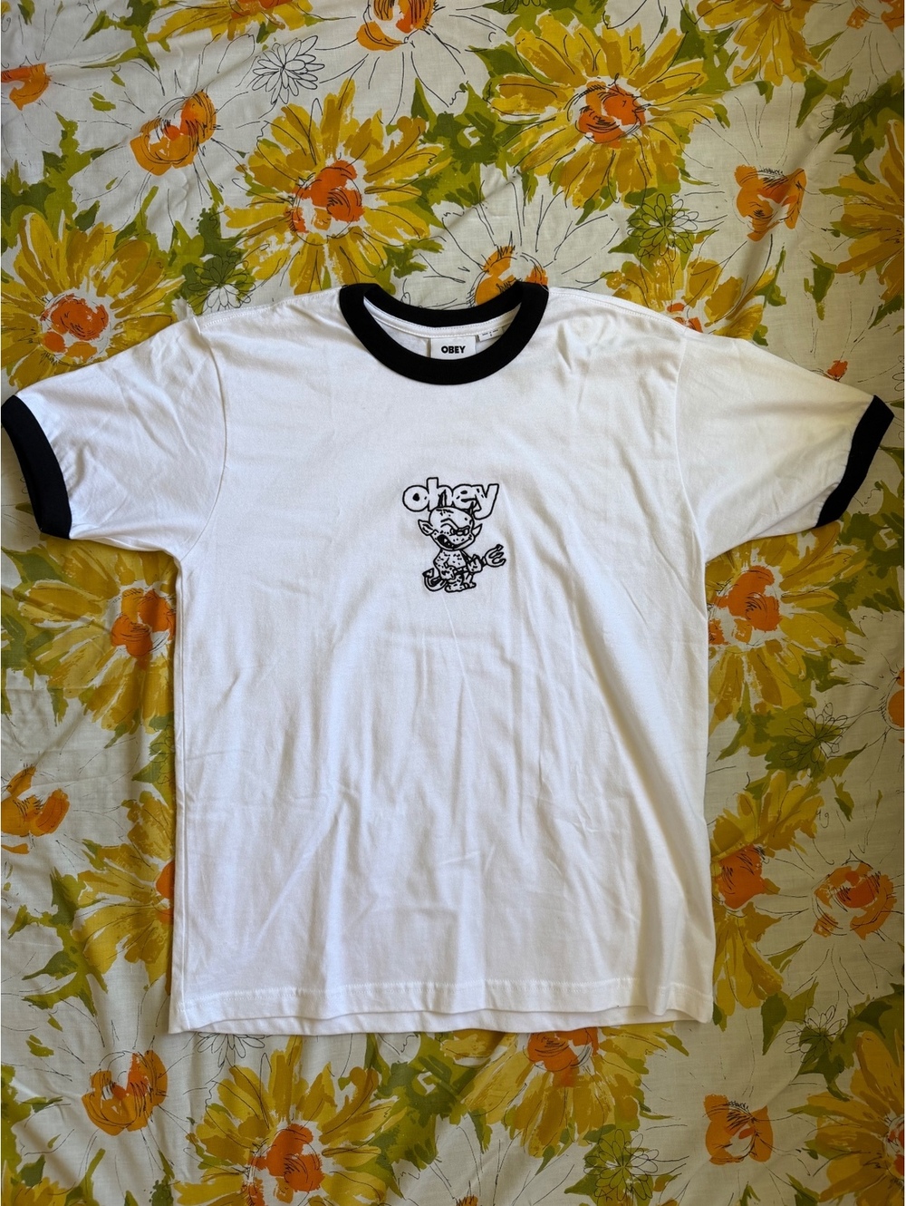 Obey Embroidered Devil Logo White and Black Ringer T-Shirt